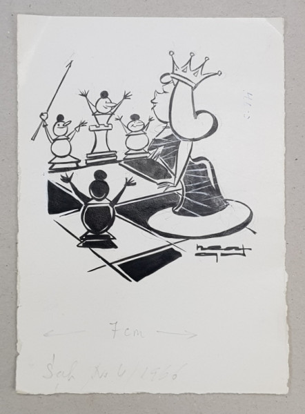 CARICATURA CU PIESE DE SAH de NEAGU RADULESCU , PENTRU REVISTA ROMANA DE SAH , ANII  '60