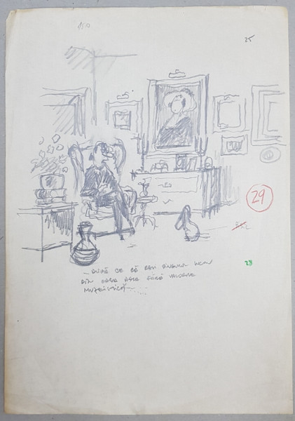 CARICATURA de MATTY ( 1924 - 1995 ) , BARBAT IN INTERIOR VORBIND CU UN CATEL  , CREION PE HARTIE
