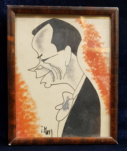 CARICATURA UNUI DOMN CU PAPION , DESEN ORIGINAL IN PENITA SI CERACOLOR , SEMNAT DE IOSIF ROSS 1899 - 1974  , PERIOADA INTERBELICA