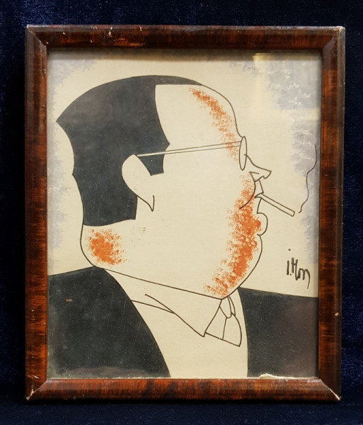 CARICATURA UNUI DOMN CU TIGARA , DESEN ORIGINAL IN PENITA SI CERACOLOR , SEMNAT DE IOSIF ROSS 1899 - 1974  , PERIOADA INTERBELICA