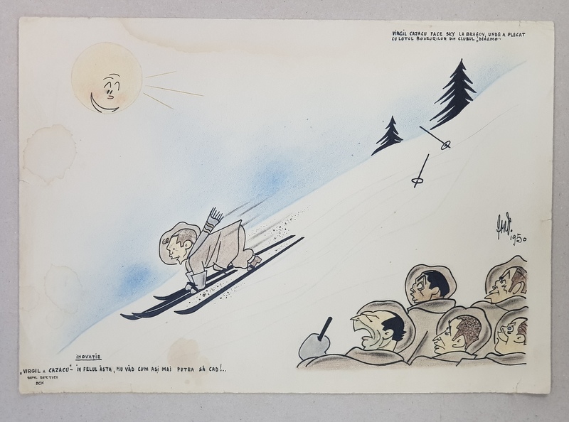 CARICATURA  ' VIRGIL CAZACU LA SKY ' , SEMNATA INDESCIFRABIL SI DATATA  , 1950