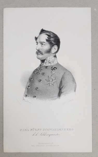 CARL FURST( PRINT )  SCHWARZENBERG , GRAVURA PE METAL de J. HOFELICH , TIPARITA LA SIBIU , SEC. XIX