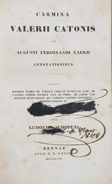 Carmina Valerii Catonis Cum Augusti Ferdinandi Naekii Annotationibus - 1847