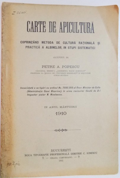 CARTE DE APICULTURA de PETRE A. POPESCU , 1911