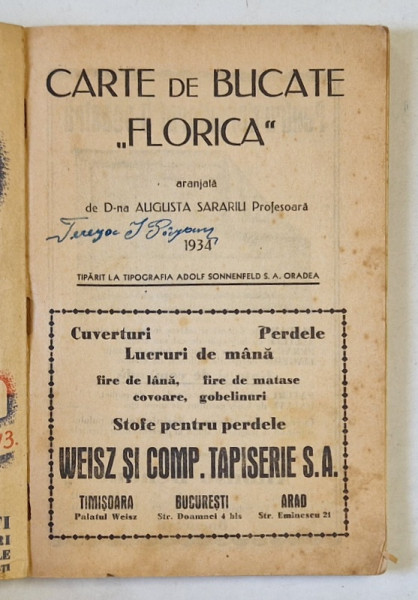 CARTE DE BUCATE FLORICA , aranjata de AUGUSTA SARARIU , 1934 *PREZINTA URME DE UZURA