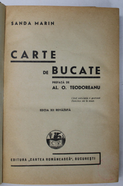 CARTE DE BUCATE, SANDA MARIN, EDITIA A XII A, 1945