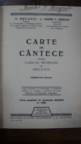 Carte de cantece pentru clasa a II-a secundara de baieti si fete, G. Breazu, Craiova 1939