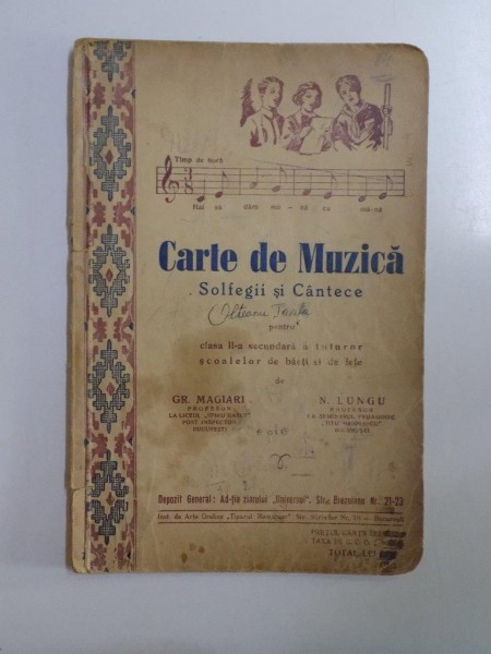 CARTE DE MUZICA SOLFEGII SI CANTECE  PENTRU CLASA A II A SECUNDARA A TUTUROR SCOALELOR DE BAIETI SI DE FETE de GR. MAGIARI SI N. LUNGU,1935