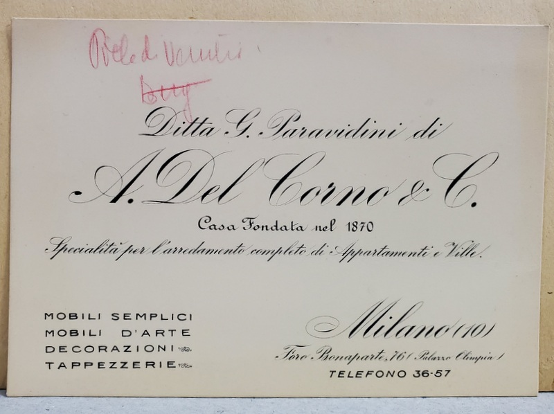 CARTE DE VIZITA A FIRMEI ITALIENE '' A . DEL CORNO et COMP. '' , MILANO , INTERBELICA