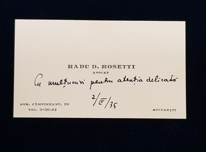 CARTE DE VIZITA RADU D. ROSETTI cu dedicatie catre Avocatul POMPILIU VOICULET