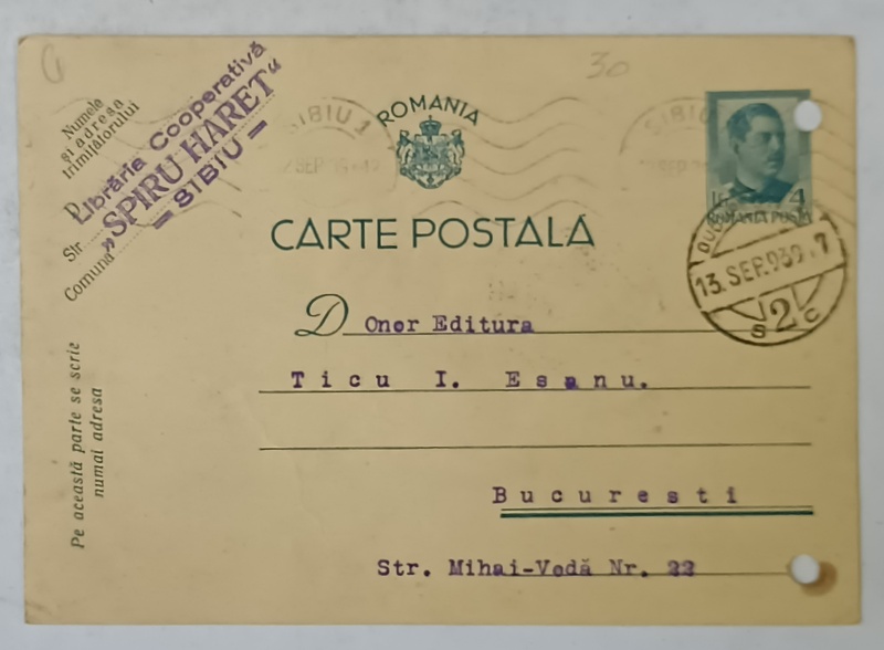 CARTE POSTALA , COMANDA DE LA LIBRARIA COOPERATIVA ' SPIRU HARET ' SIBIU CATRE EDITURA TICU ESANU , 1939