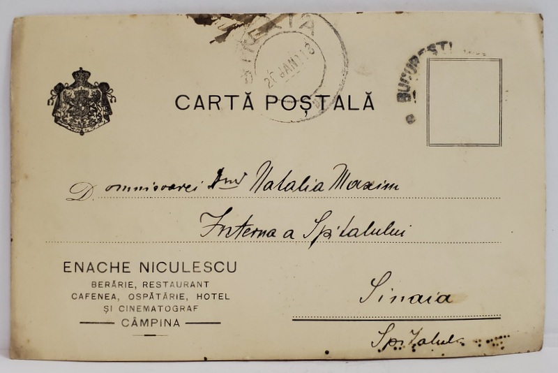 CARTE POSTALA CU RECLAMA RESTAURANTULUI , HOTELULUI SI CINEMATOGRAFULUI ' ENACHE NICULESCU ' DIN CAMPINA , CLASICA