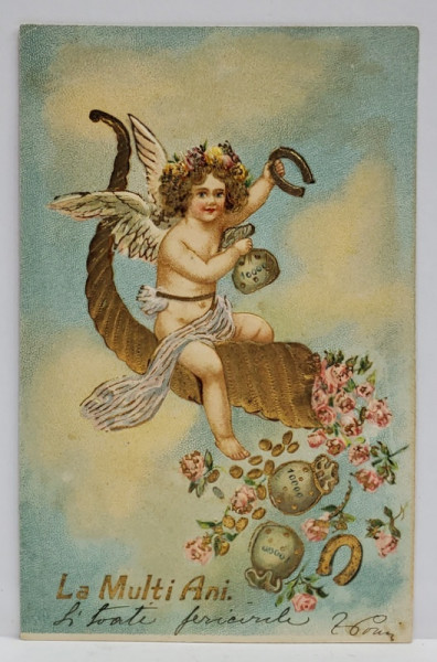 CARTE POSTALA FELICITARE DE ANUL NOU , CU AMORAS SI CORNUL ABUNDENTEI , CROMOLITOGRAFIE , EMBOSATA , INCEPUTUL SEC. XX