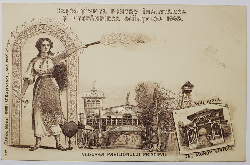 CARTE POSTALA ILUSTRATA ,CLASICA : '' EXPOZITIA PENTRU INAINTAREA SI RASPANDIREA STIINTELOR , 1903 '' , LITOGRAFIE