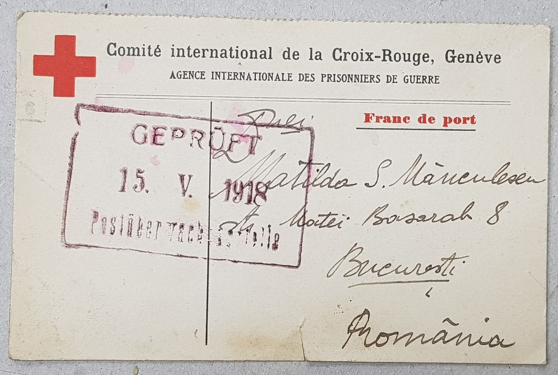 CARTE POSTALA TRIMISA IN TIMPULPRIMULUI RAZBOI MONDIAL , CU INSEMNELE CRUCII ROSII , CENZURATA DE COMANDAMENTUL GERMAN DIN BUCURESTI , MONOCROMA , DATATA 1918