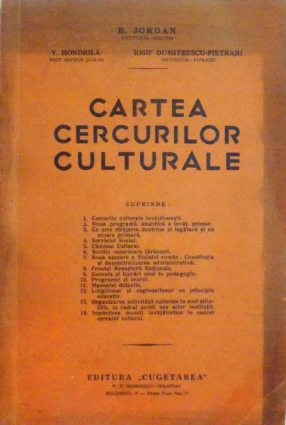 CARTEA CERCURILOR CULTURALE de B. JORDAN...IOSIF DUMITRESCU PIETRARI , 1939