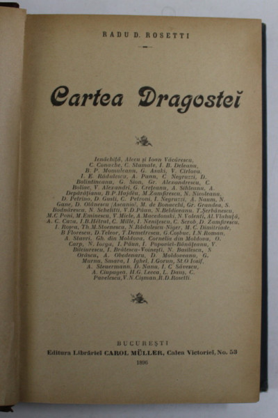 CARTEA DRAGOSTEI de RADU D. ROSETTI , 1896