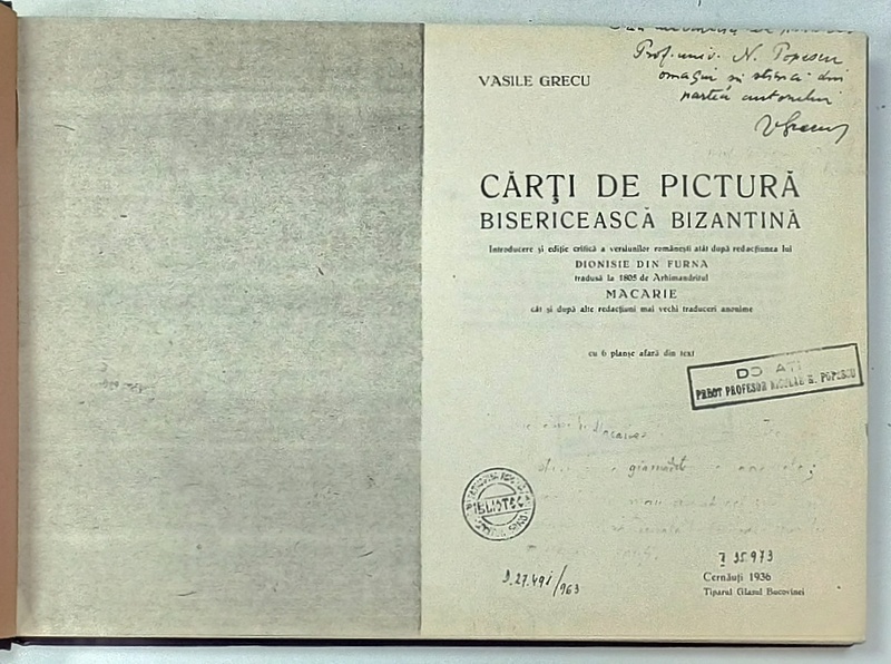 CARTI DE PICTURA BISERICEASCA SI BIZANTINA de VASILE GRECU , 1936 , EXEMPLAR XEROXAT , ANII ' 70 -' 80