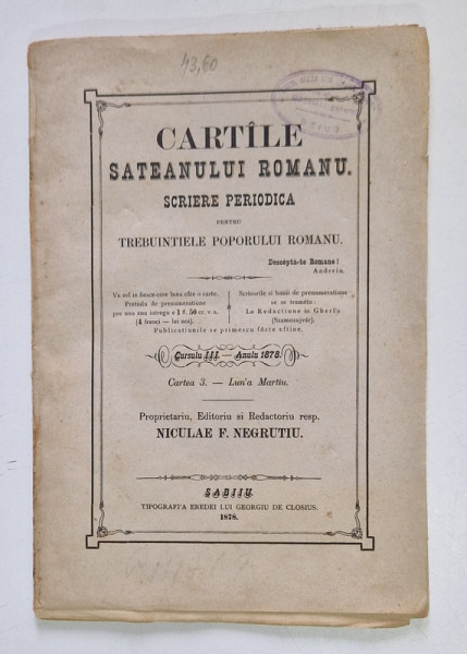 CARTILE SATEANULUI  ROMANU , SCRIERE PERIODICA , CARTEA 3 , MARTIE , 1878