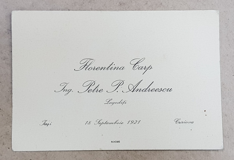 CARTOLINA CU NUMELE UNEI PERECHI LOGODITE , DATATA 18 SEPT. 1921
