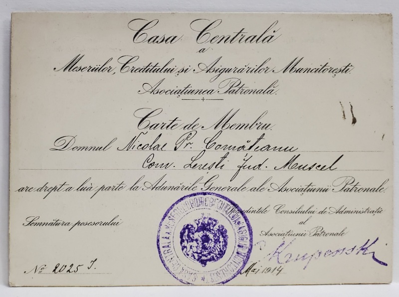 CASA CENTRALA A MESERIILOR , CREDITULUI SI ASIGURARILOR MUNCITORESTI , CARTE DE MEMBRU , 1914