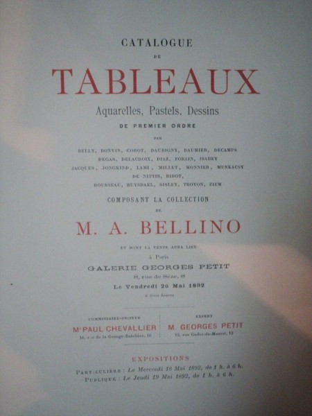 CATALOGUE DE TABLEAUX AQUARELLES, PASTELS, DESSINS- M.A. BELLINO, PARIS, 18-19 MAI 1892