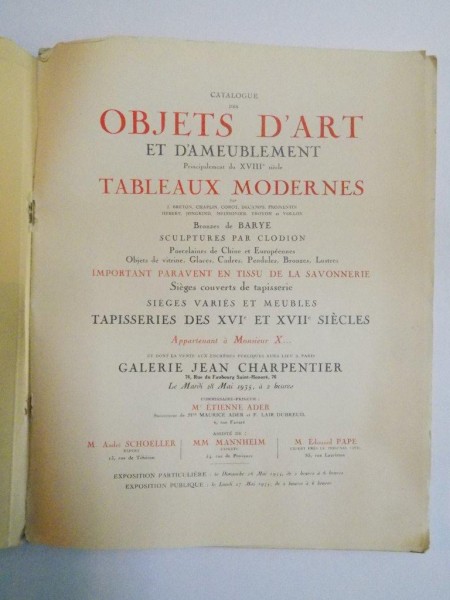 CATALOGUE DES OBJETS D'ART ET D'AMEUBLEMENT. PRINCIPALEMENT DU XVIII SIECLE TABLEAUX MODERNES  1935