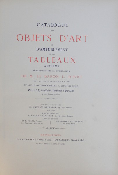 CATALOGUE DES TABLEAUX ANCIENS , AQUARELLES , DESSINS , GOUACHES , PASTELS ANCIEN ET MODERNES , GRAVURES , OBJETS D ' ART & AMEUBLEMENT , 1922
