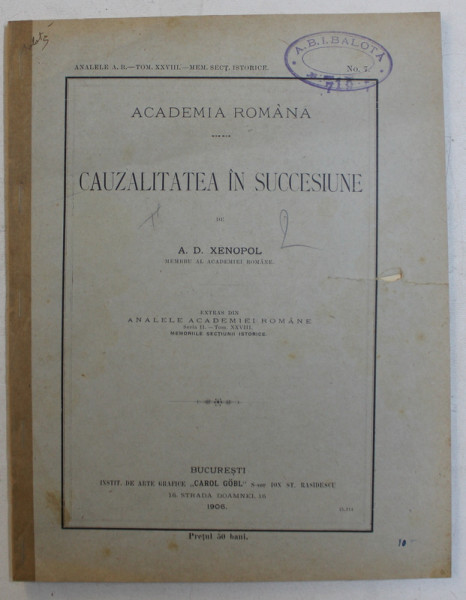 CAUZALITATEA IN SUCCESIUNE de A.D. XENOPOL , 1906
