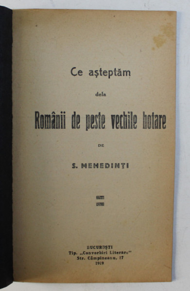 CE ASTEPTAM DE LA ROMANII DE PESTE VECHILE HOTARE de S. MEHEDINTI , 1919