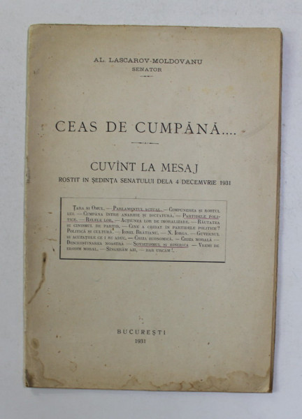 CEAS DE CUMPANA ... -  CUVANT LA MESAJ ROSTIT IN SEDINTA SENATULUI de AL. LASCAROV - MOLDOVANU , 1931