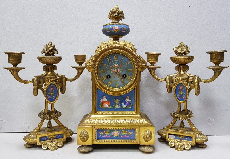 CEAS DE SEMINEU CU PERECHE DE SFESNICE DIN BRONZ AURIT , DECORAT CU PORTELAN SEVRES , FRANTA , SECOL XIX