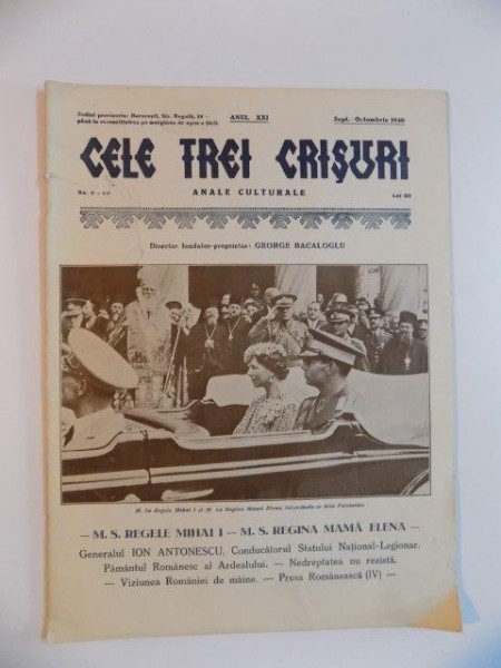 CELE TREI CRISURI , ANALE CULTURALE , ANUL XXI , NO. 9-10 de GEORGE BACALOGLU , SEPT-OCTOMBRIE 1940