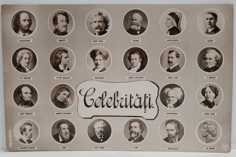 ' CELEBRITATI ' , CARTE POSTALA CU 24 DE PERSONALITATI DIN LUMEA ARTEI , IN MEDALIOANE , MONTAJ FOTO , INCEPUTUL SEC. XX