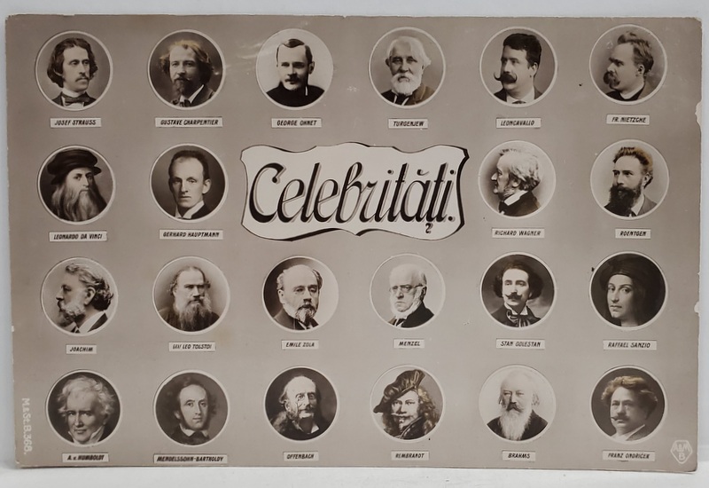 ' CELEBRITATI ' , CARTE POSTALA CU 24 DE PERSONALITATI DIN LUMEA ARTEI  (JOSEF STRAUSS ...FRANZ ONDRICEK  ) , IN MEDALIOANE , MONTAJ FOTO , INCEPUTUL SEC. XX