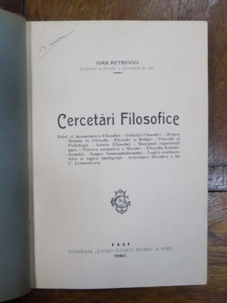 Cercetari Filosofice, Iasi 1907