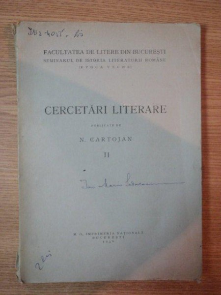 CERCETARI LITERARE de CARTOJAN, VOL.II, BUC. 1936
