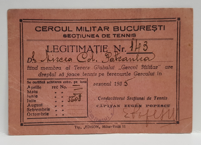 CERCUL MILITAR BUCURESTI , SECTIUNEA DE TENIS , LEGITIMATIE DE MEMBRU , 1935