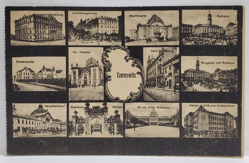 CERNAUTI , FOTOMONTAJ CU 12 OBIECTIVE IMPORTANTE DIN ORAS , CARTE POSTALA INTERBELICA