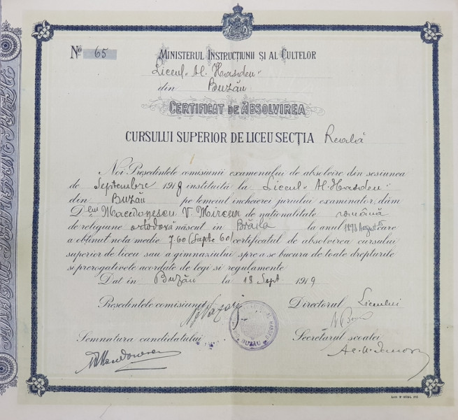 Certificat de absolvire a cursului superior de liceu 'Al Hasdeu' din Buzau, 1919