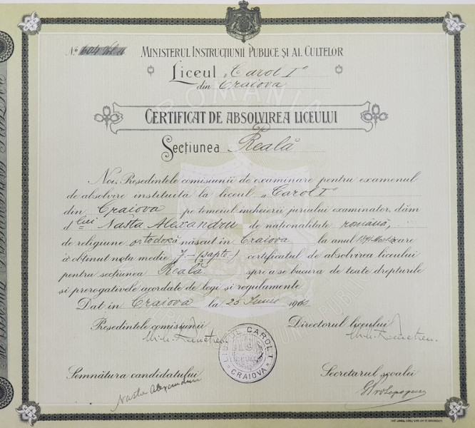 Certificat de absolvire a liceului Carol I, Craiova 1910