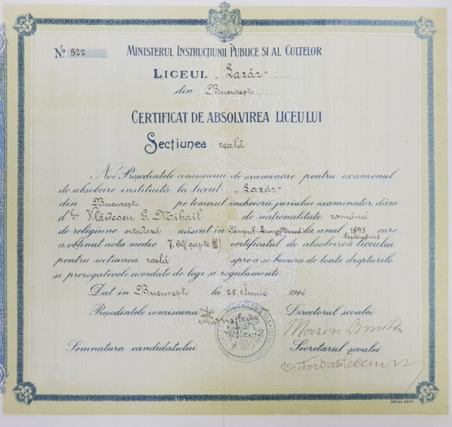 Certificat de absolvire a liceului Gheorghe Lazăr, Bucuresti 1914