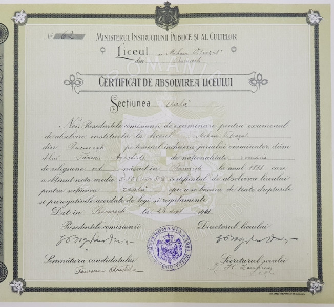 Certificat de absolvire a liceului Mihai Viteazul,București 1911