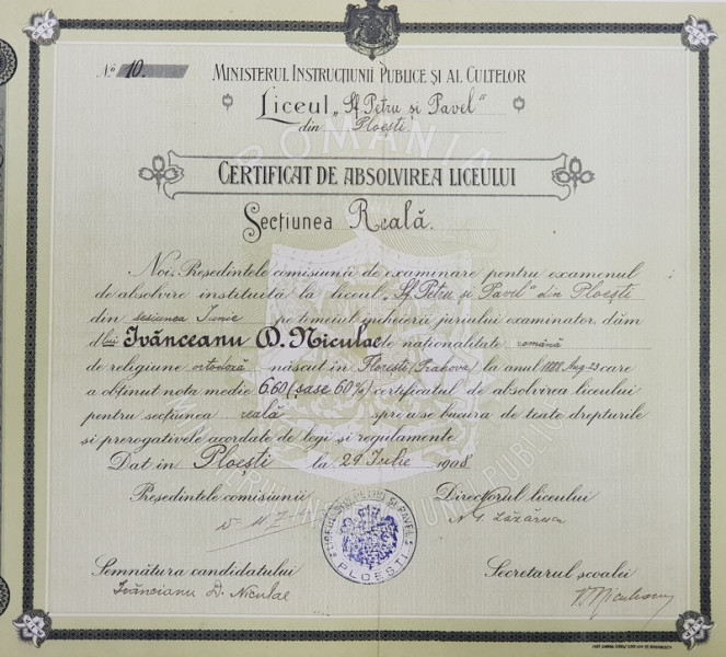 Certificat de absolvire a liceului Sfinții Petru și Pavel ,Ploiești 1908