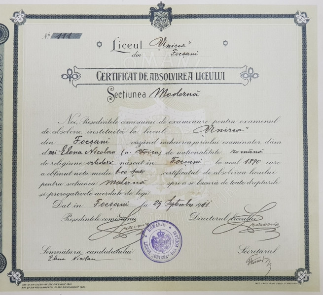 Certificat de  absolvire a Liceului "Unirea" din Focșani 1911