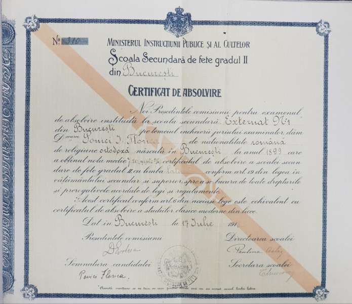 Certificat de absolvire a Scolii Secundare de de fete gradul II, București 1918