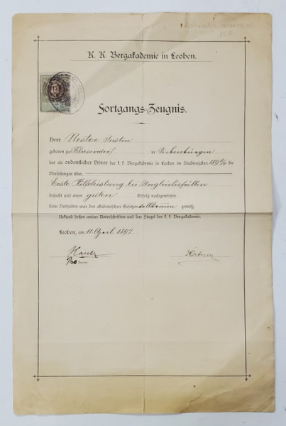 CERTIFICAT DE SALVAMONTIST , K.K. BERGAKADEMIE IN LEOBEN , PENTRU NESTOR JUSTIN DIN BLAJ ,  1897