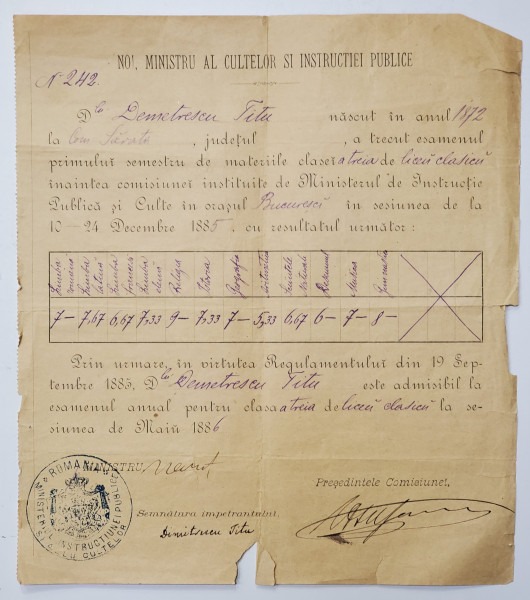 CERTIFICAT DE STUDII , SEMNAT OLOGRAF DE SPIRU HARET , 1885