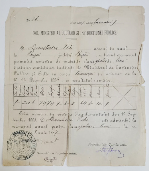 CERTIFICAT DE STUDII , SEMNAT OLOGRAF DE SPIRU HARET , MINISTRUL CULTELOR SI INSTRUCTIUNEI PUBLICE ,  9 IANUARIE 1887