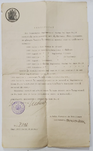 CERTIFICAT SI FOAIE MATRICOLA PENTRU OFITERI , ELIBERATE LA 15 IULIE 1916
